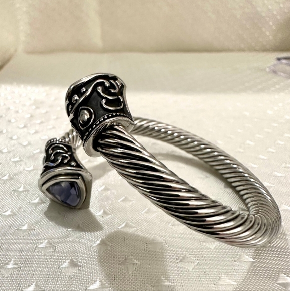 Ornate Designer Inspired Cable Cuff Stainless Steel Blue Crystal Accents - Picture 2 of 5